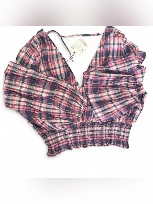 Zara Pink & Navy Plaid V-Neck Smocked Crop Top - Image 3
