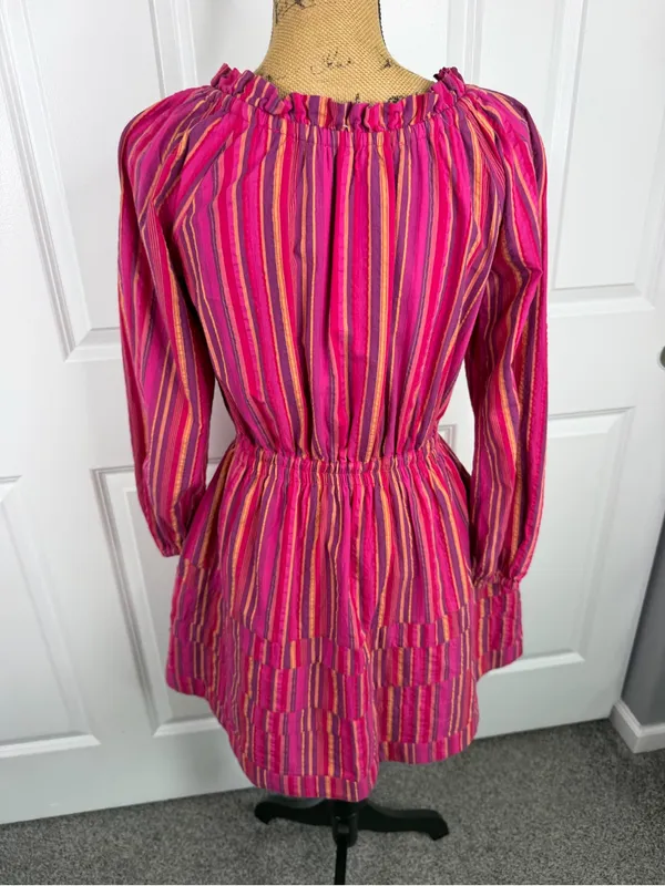BURU Size S Pink Striped Cotton Long Sleeve Tiered Mini Dress - Image 9