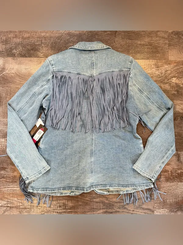 NWT Rock & Roll Denim Fringe Denim Blazer Jacket Western Rodeo Cowgirl Boho XL - Image 4