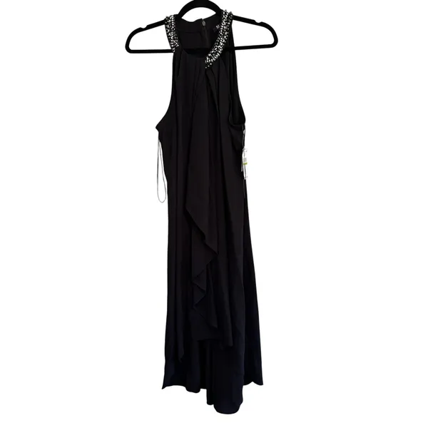 SLNY Womens Black Embellished Halter Neck Draped Evening Gown 119005 Size 14 - Image 10