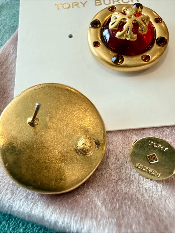 Tory Burch | Gold Plated & Red Stone Dome Logo Earrings - Image 3