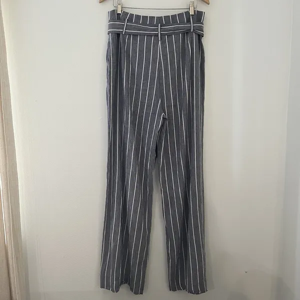 Theory Size 12 Wide Leg Belted Trousers Stripe Wither Linen Belt Pant Fl_ - Image 9