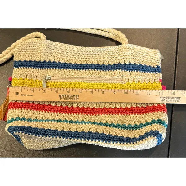 The Sak Womens Medium Shoulder Bag‎ Multi Color Striped Crochet Pom Pom Tassels - Image 6