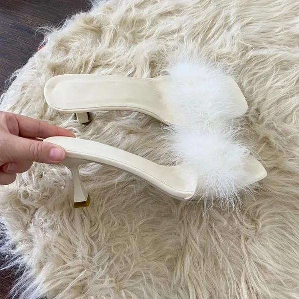 NWOT Cream White Fuzzy Faux Fur Square Toe Open Mule Kitten Heels EU 41 / US 10 - Image 2