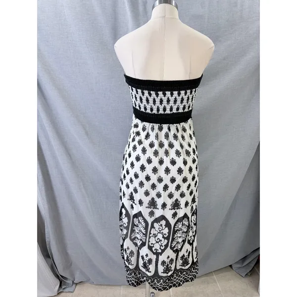 Maeve Anthropologie Black White Damask Medallion Strapless‎ Smocked Midi Dress M - Image 6