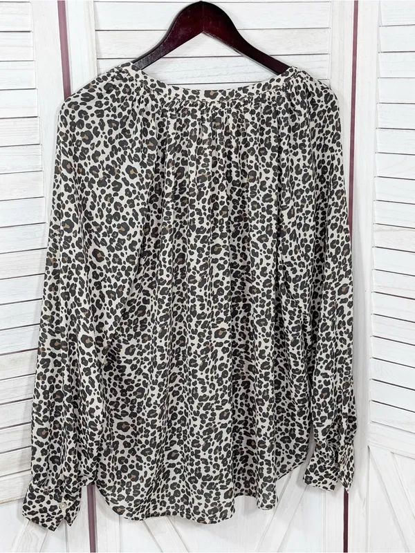 Loft Leopard Print Gathered Neck Button Up Blouse Cream Tan Large Long Sleeve - Image 8