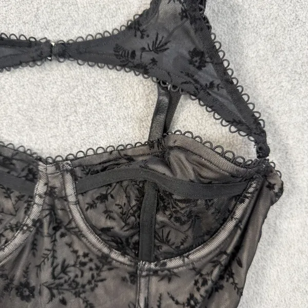 Windsor Black Velvet Floral Flocked Mesh Bustier Corset Top Size SM Adjustable - Image 2