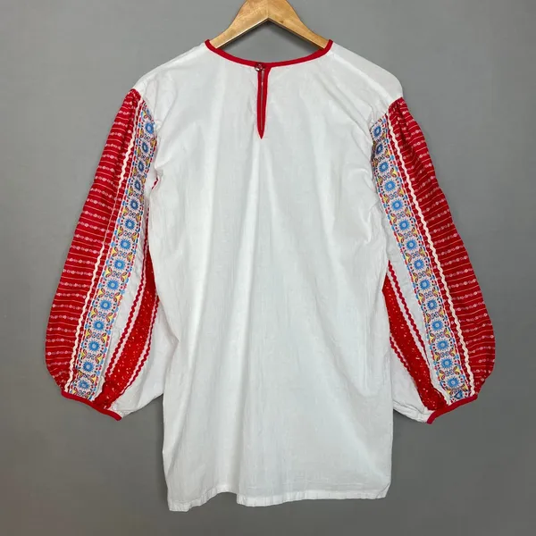 Folk Peasant‎ Blouse Top Women White Red Embroidered Balloon Sleeve European - Image 2