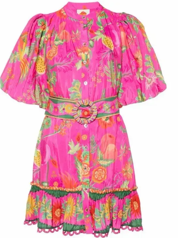 FARM Rio Hot Pink Tropical Floral Button-Front Mini Dress with Belt - Image 2