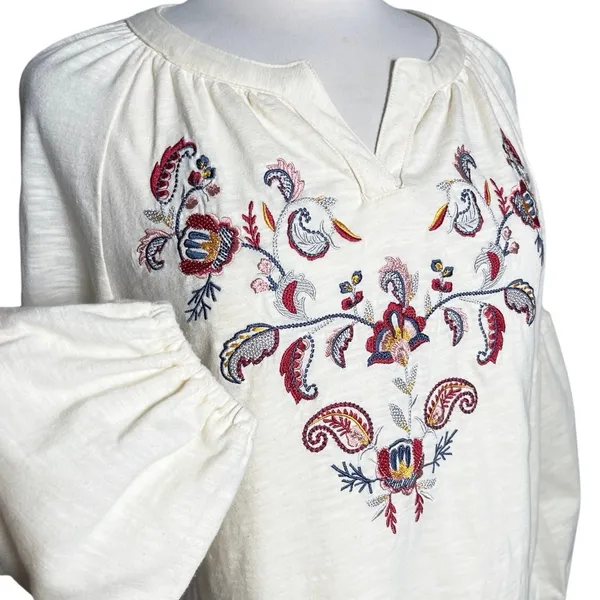 Women’s Boho Embroidered Popover Split Neck Cream Long Sleeve Top - Image 5