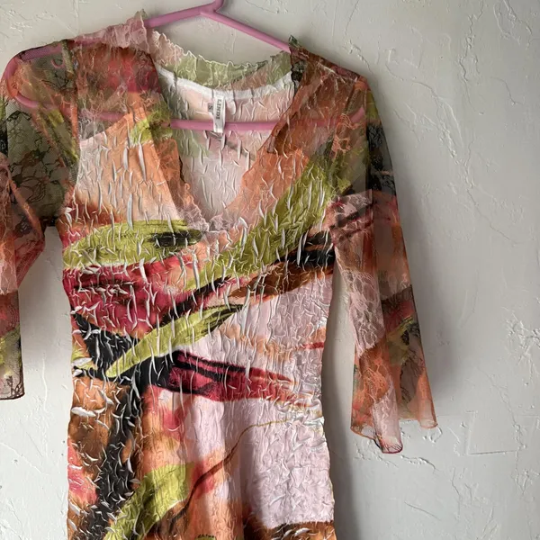 LINDI Dress Womens‎ Small Mesh Sheer Crinkle Boho Y2k Flare Sleeve Retro - Image 2