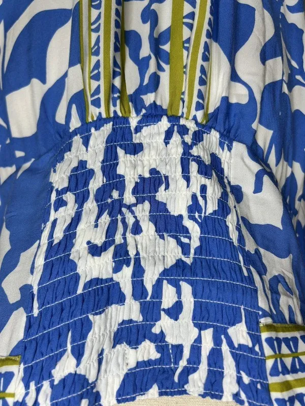 Vince Camuto Floral Border Print Smocked Back Maxi Dress Blue White Sz L Rayon - Image 10