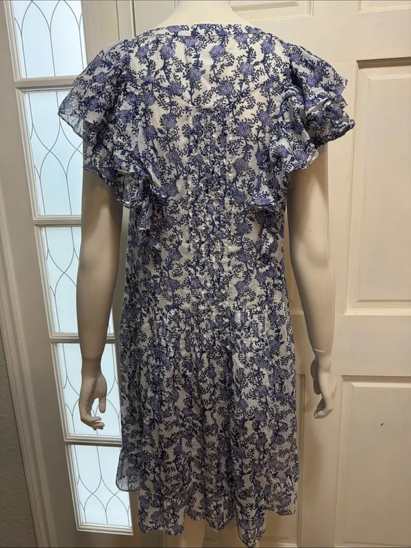 Isabel Marant Étoile Godrana Flutter-Sleeve Blue Floral Ruffle-Sleeve Dress S 44 - Image 11