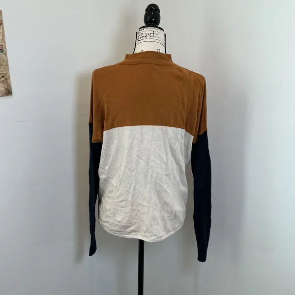 Madewell Colorblock Mock Neck Sweater Brown Cream Navy Size Medium Relaxed Knit - Image 4