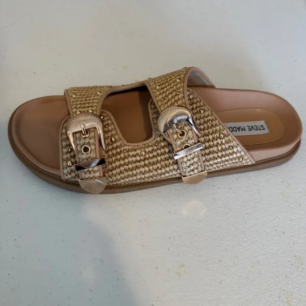 Steve Madden Connely Slide Sandals‎ Women 10 Raffia Double Buckle Studded Raffia - Image 3