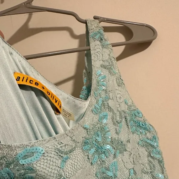 Alice + Olivia Sequin beaded turquoise aqua mini floral beaded lace dress - Image 3