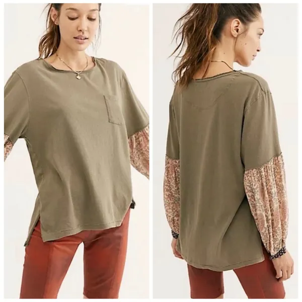Free People We The Free Jade Top‎ Women Medium Army Boho Paisley Mixed Media Tee - Image 2