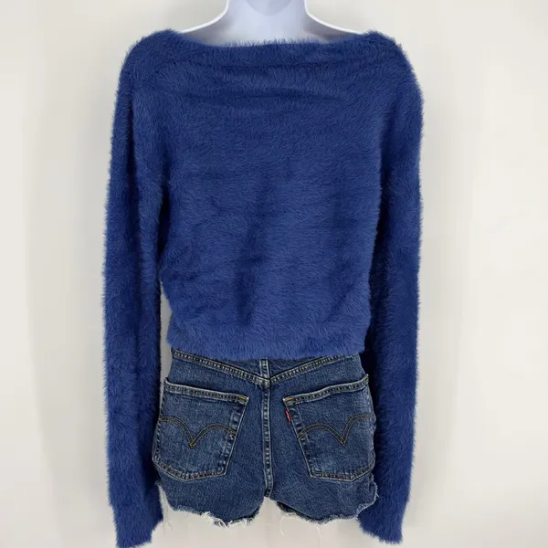 Natural Life Blue Fuzzy Cropped Sweater Boat Neck Long‎ Sleeve Womens XL - Image 4