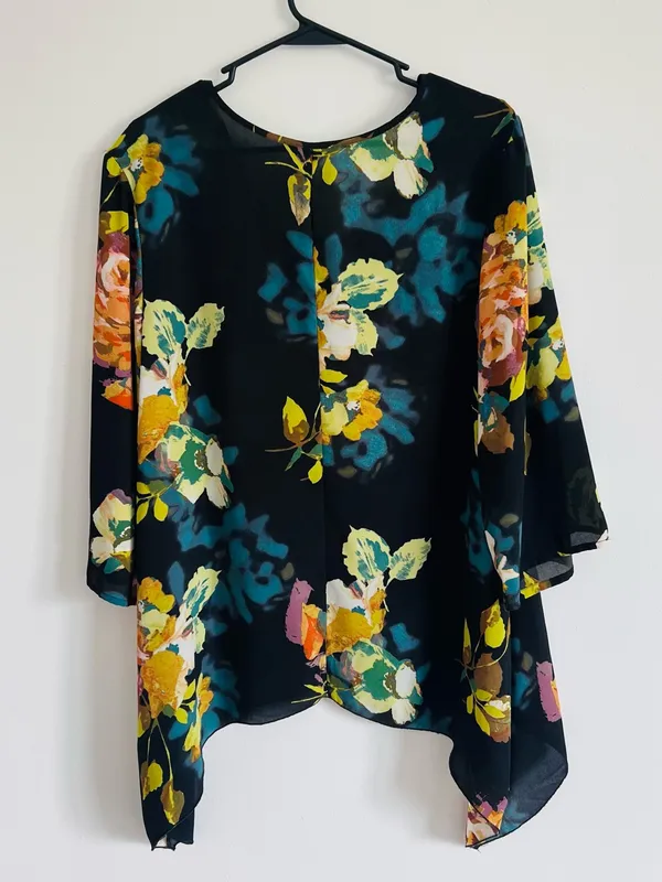 Unique Spectrum Black Floral Chiffon Tunic with Teal and Mustard Accents Y2K - Image 4