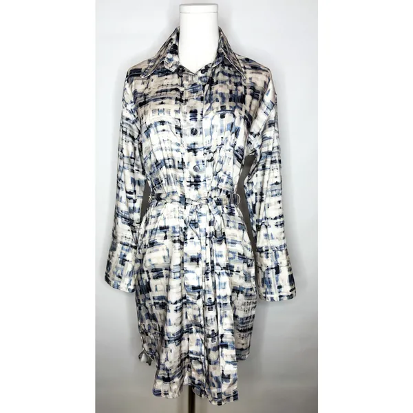 Banana Republic XS Abstract Shirt Dress NWT Belted Long Sleeve Blue White‎ Midi - Image 2
