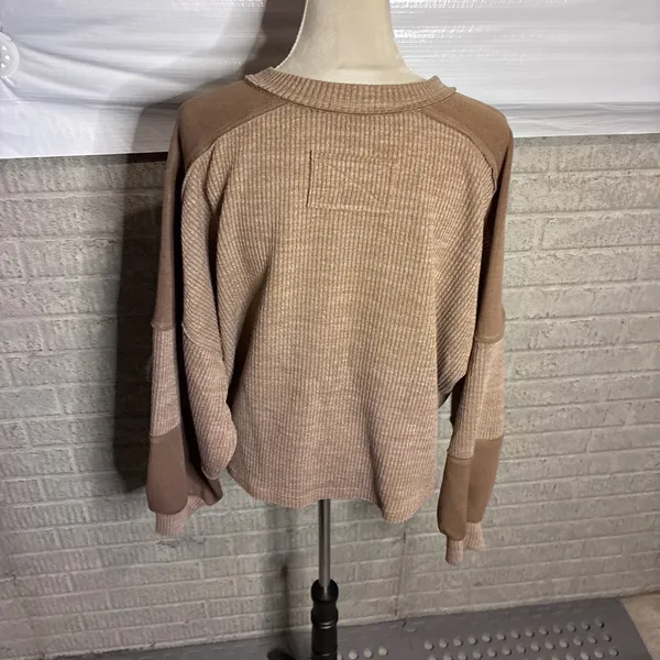 Blu Pepper Brown Waffle Knit Henley Colorblock Long Sleeve Top M - Image 4