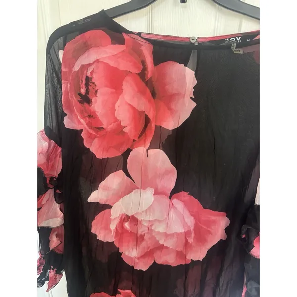 TOV Los Angeles Red Black Floral Ruffle Sleeve Sheer Crinkle Midi Dress 44 XL - Image 4