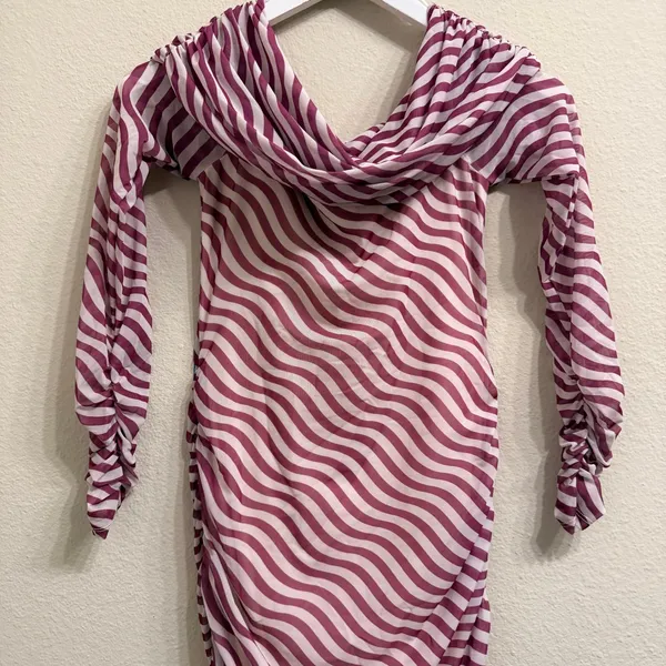 Anthropologie Off-The-Shoulder Mesh Maxi Dress Bodycon Ruched XS Pink White- NEW - Image 5