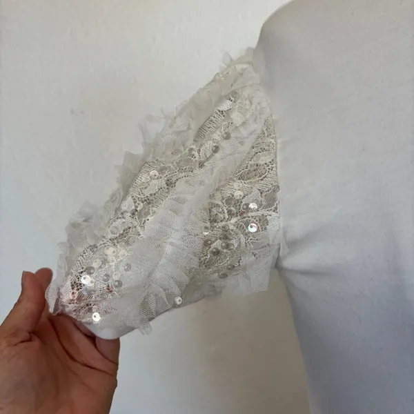 Ontwelfth Solid White Ruffle Sequin Short Sleeve Top - Image 3