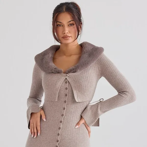 House of CB Fur Trim Knit Cashmere Crop Cardigan S - Camel / Dark Beige - Image 3