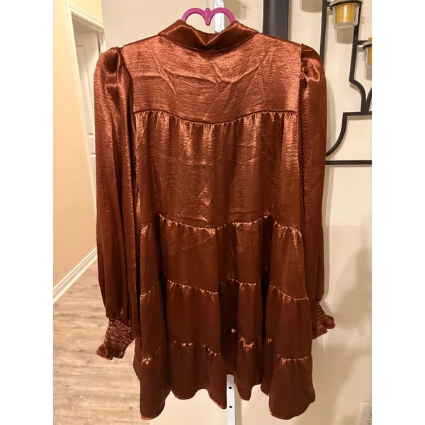 Fantastic Fawn Copper Brown Satin Tiered Mini Dress Long Sleeve Collared Medium - Image 6