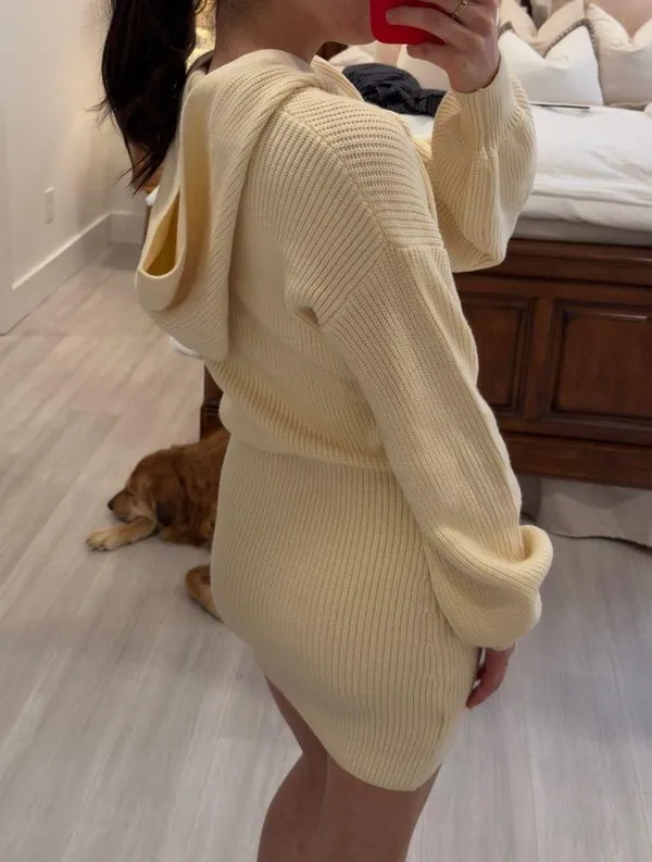 Long Sleeve Sweater Hooded Puff Sleeve Knitted Mini Dress - Image 3