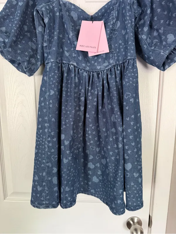 Avec Les Filles Bow Back Puff Sleeve Hearts Denim Mini Dress - Image 4