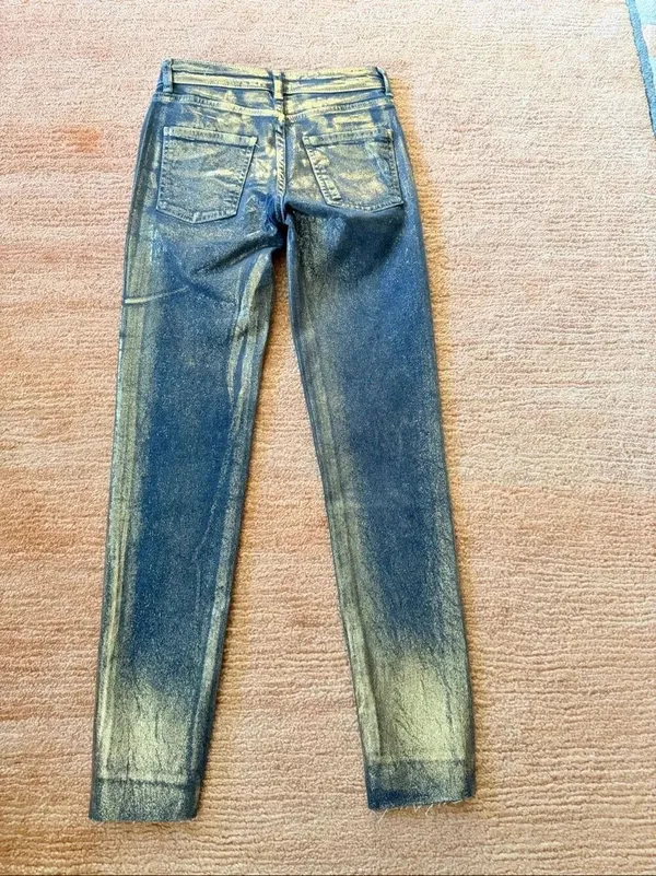 Zara Metallic Gold Coated Skinny Jeans Women Size 0 / EU 32 Blue Gold Stretch NW - Image 8