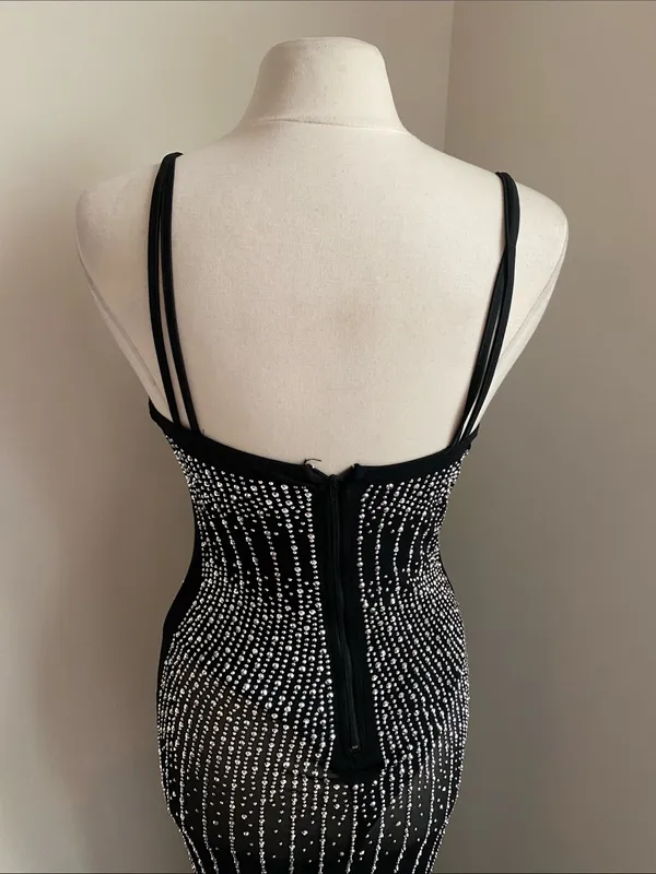 Rhinestone Stretch Black Sheer Midi Dress Built in Bodysuit Womens Sz Large - Image 7