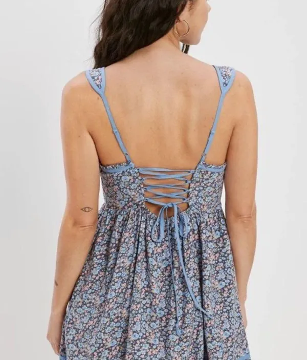 🦅 American Eagle Outfitters Floral Tie-Back Babydoll Mini Dress-Blue - Image 2