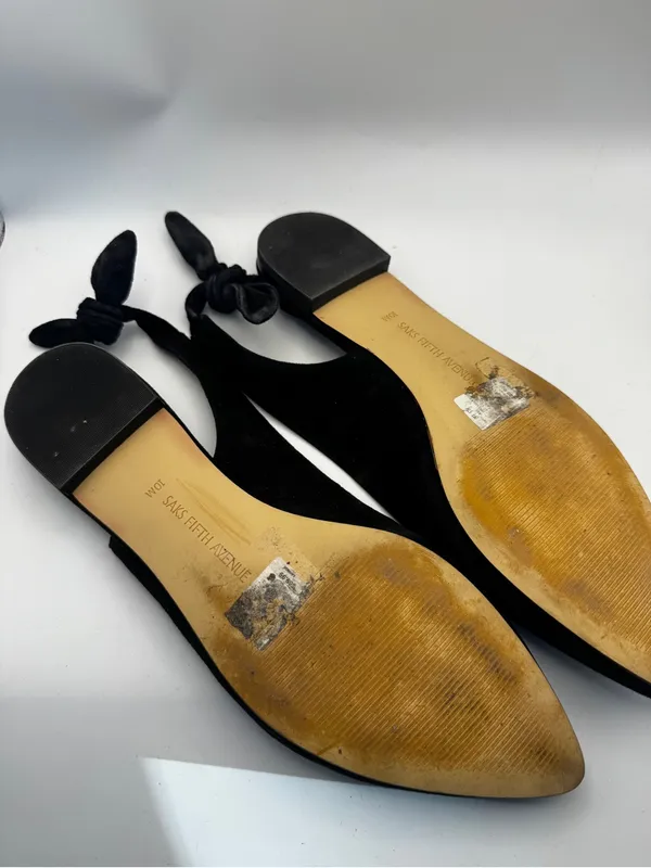 Saks Fifth Avenue Black Suede Pointed Toe Slingback Flats with Bow Sz 10 - Image 6