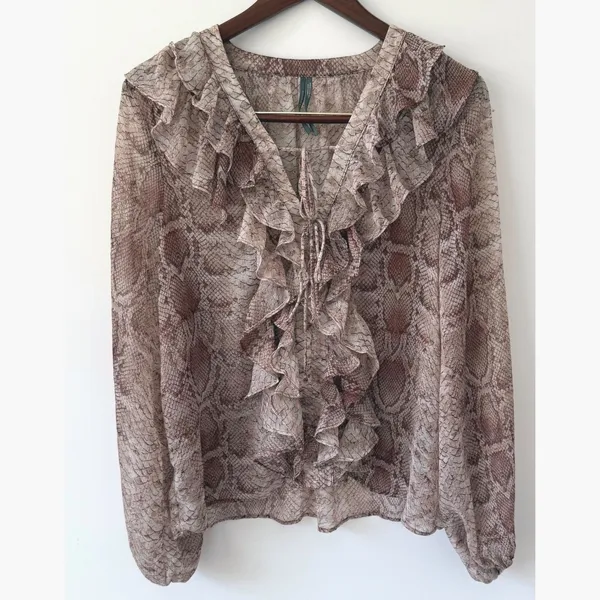 Anthropologie Snake Print Ruffled V-Neck Long Sleeve Ruffle‎ Blouse Size L - Image 3