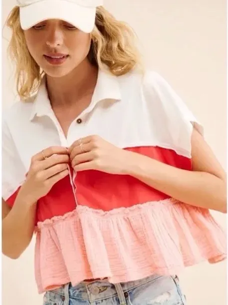 Pilcro White, Red & Peach Tiered Button-Front cap Sleeve Sz XXS Polo NWT - Image 3