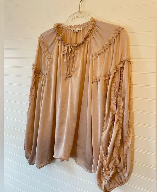 Chelsea & Violet Ruffle Boho Champagne Tan Blouse - Image 2