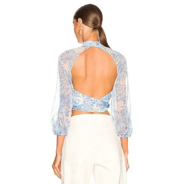 Amanda Uprichard Sheer Floral Cropped Tie Blouse Open Back Mock Neck Blue S - Image 2