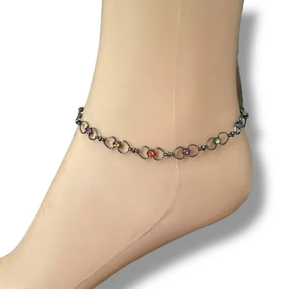 Gunmetal multicolor rhinestone heart link anklet Silver - Image 2