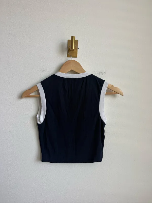 SKIMS Women's Ribbed Contrast Trim Cropped Tank Top Navy White XS - Image 6