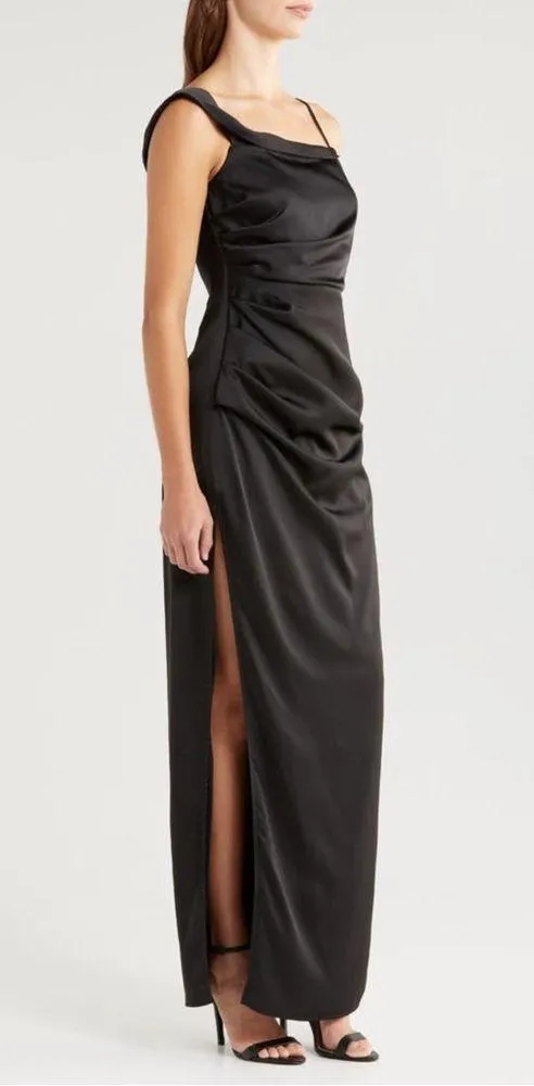 Lush Love Black Satin Asymmetrical High Slit Off-the-Shoulder Dress Size Large - Image 3