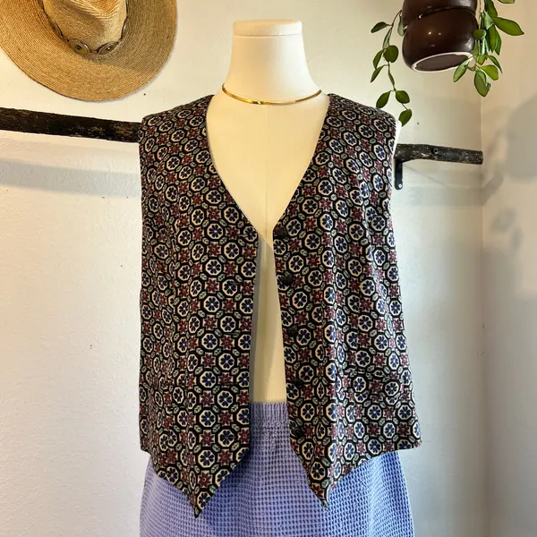 Handmade 90s Floral Folk Print Button Front Vest Top Size Medium to Large - Image 3
