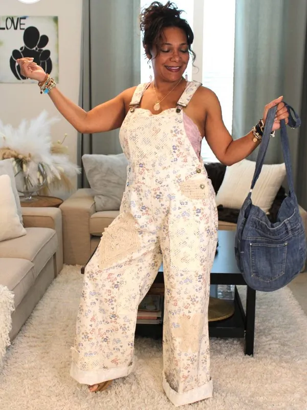 NWT POL Touch of Flowers Crochet Patch Overalls, Cream Floral Patchwork - Image 7