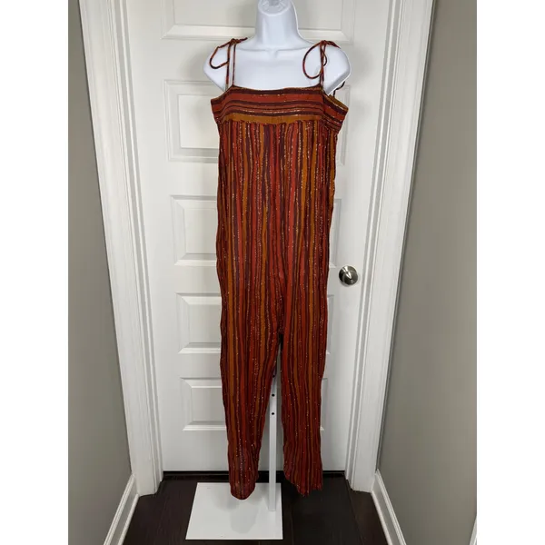 Free People Harem Lurex Jumpsuit Metallic Rust Stripe M Boho Coachella‎ Festival - Image 2