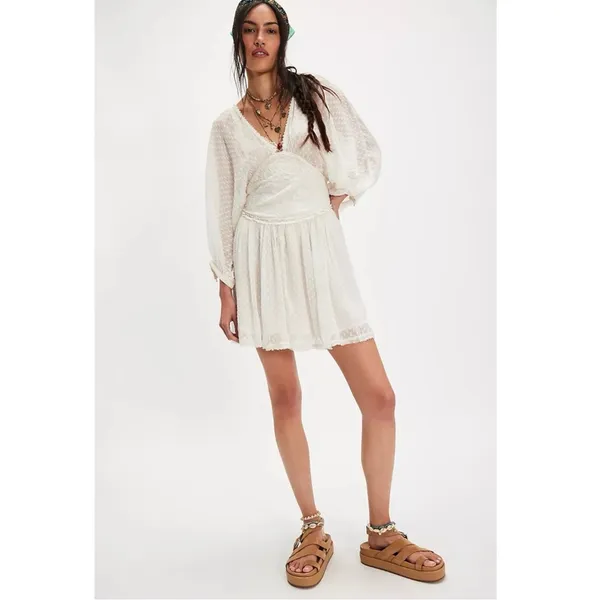 Free People Bohemian Ethereal Cottage Sweet Dreams Mini Dress in Tofu Small - Image 3