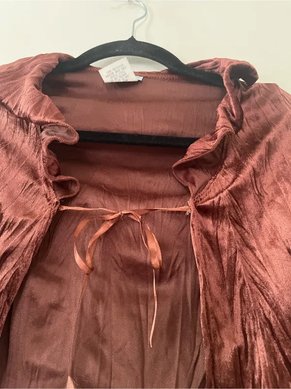 Vintage Y2K Chocolate Brown Velvet Tie Front Bell Sleeve Bolero Top Small - Image 3