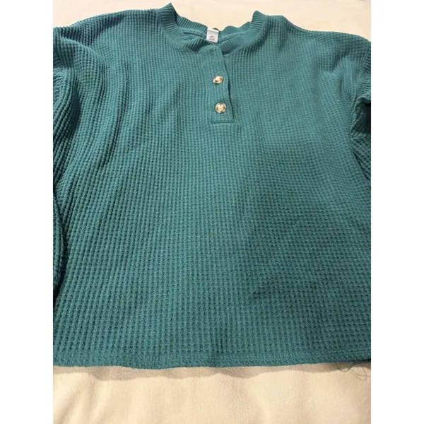 Old Navy Oversize Cozy Waffle Knit Cropped Henley Green Sz L - Image 2