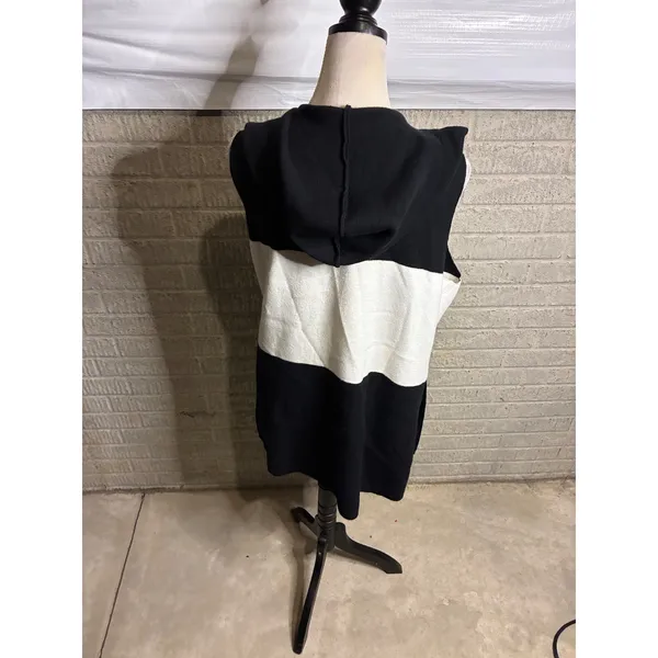 Sioni‎ Hooded Sleeveless Vest Black White Color Block Long Cardigan Knit - Image 3